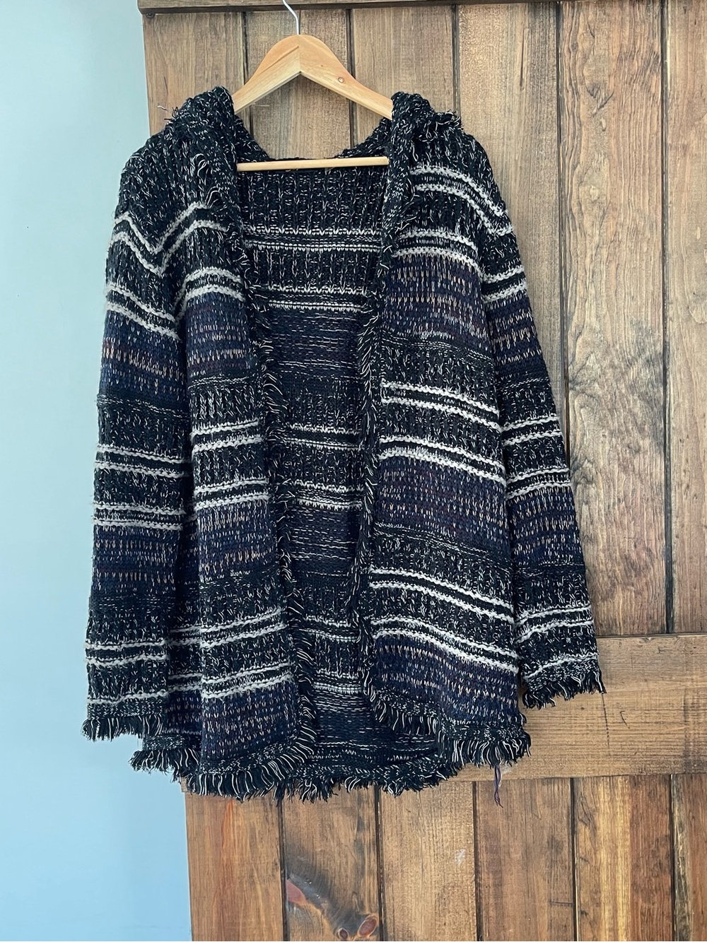 Dex Black & Tan Fringe Hem Woven Look Hooded Cardigan Sweater Artsy Boho Grunge